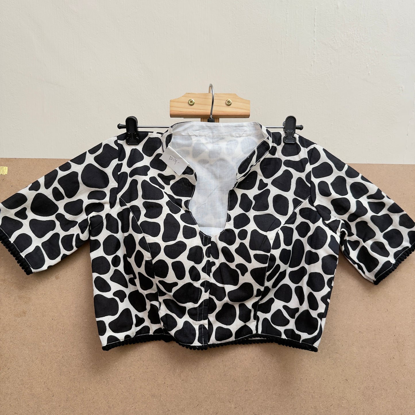 Animal pattern (giraffe) Black & White collar neck cotton blouse - JTG Fashions