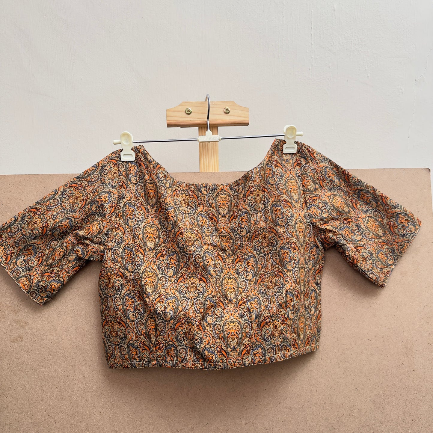 Brown Kalamkari printed round V neck cotton blouse JTG Fashions