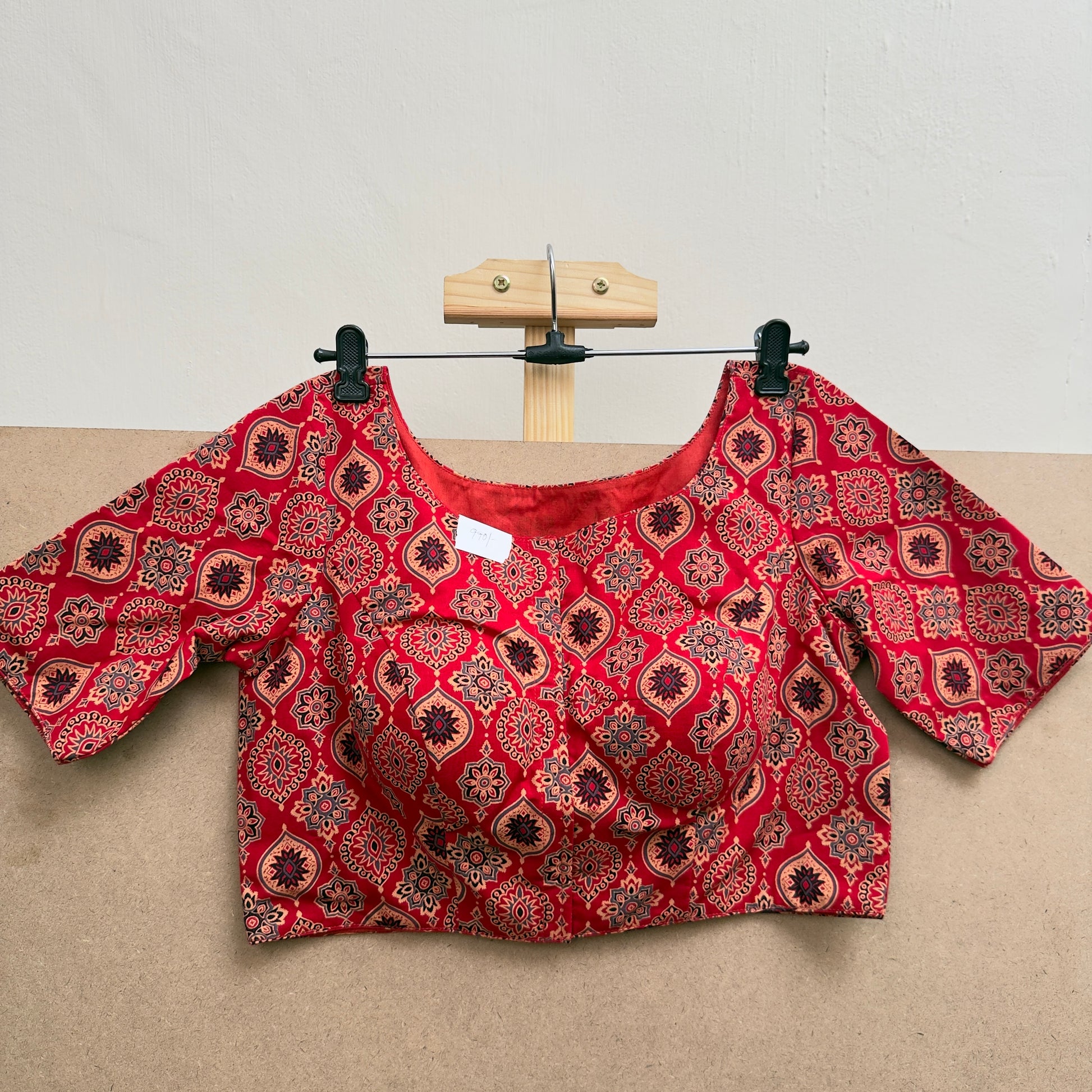 Red ajrakh printed boat neck cotton blouse - JTG Fashions