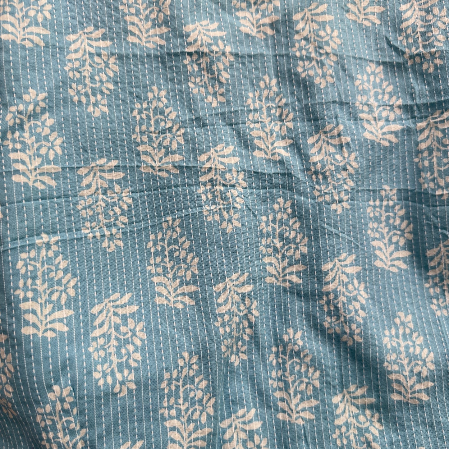 Faded blue- motif design along with Kantha printed lines with round V neck cotton blouse - JTG Fashions