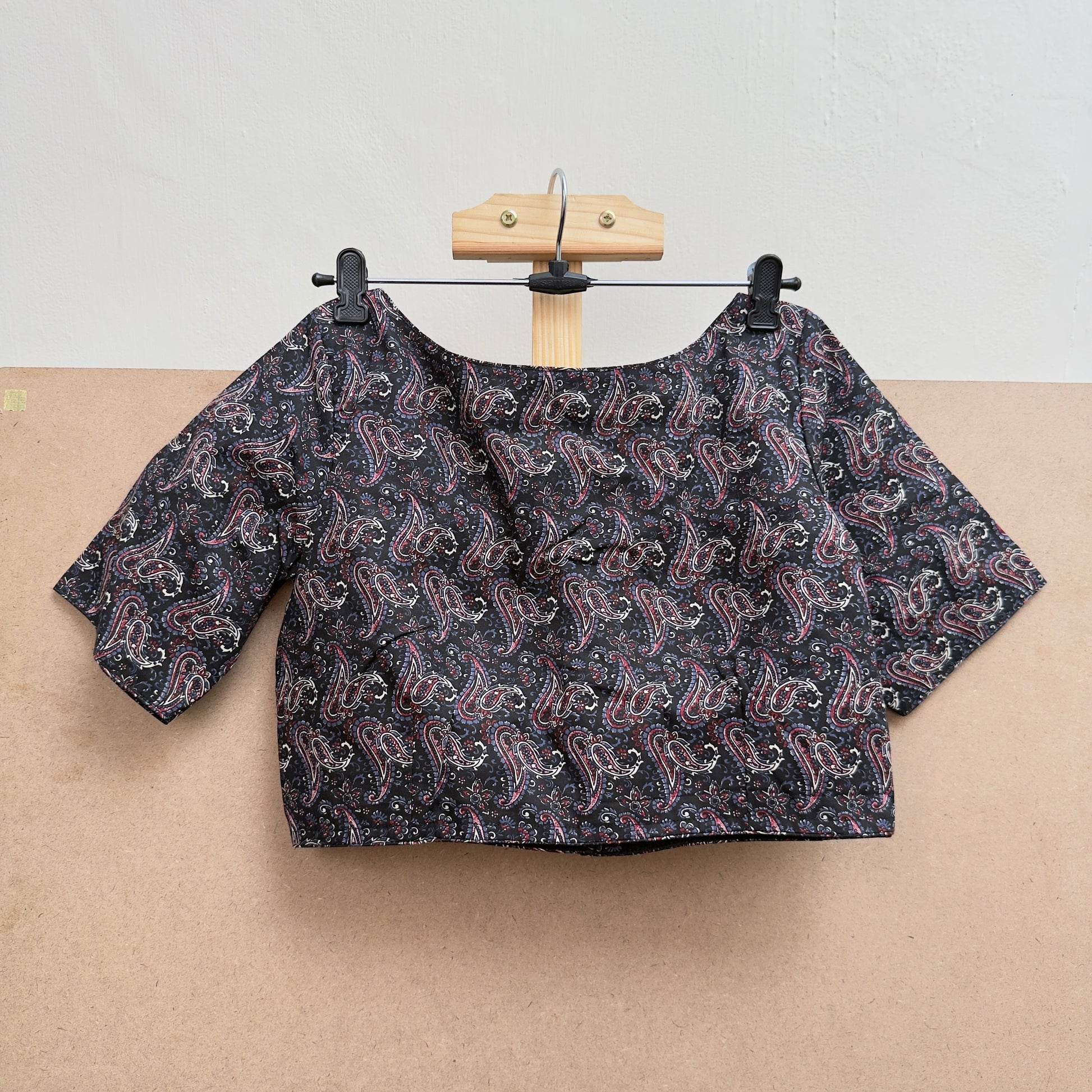 Charcoal black printed V neck cotton blouse JTG Fashions