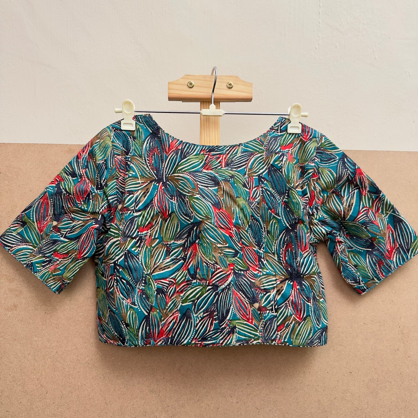 Peacock blue with multicoloured sweetheart neck cotton blouse JTG Fashions