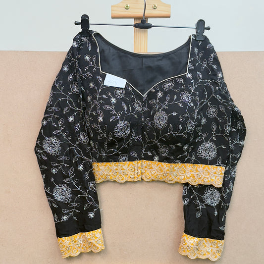 Black georgette chikankari with yellow border full hands blouse - JTG Fashions