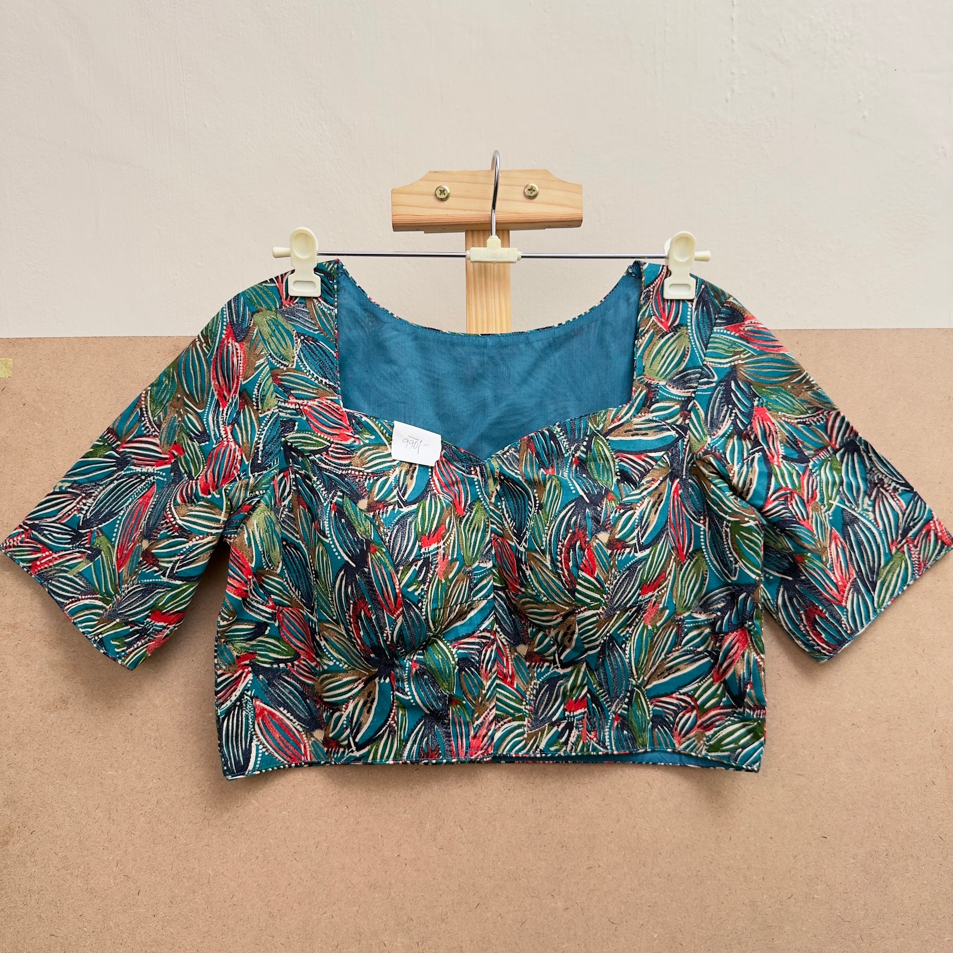 Peacock blue with multicoloured sweetheart neck cotton blouse JTG Fashions