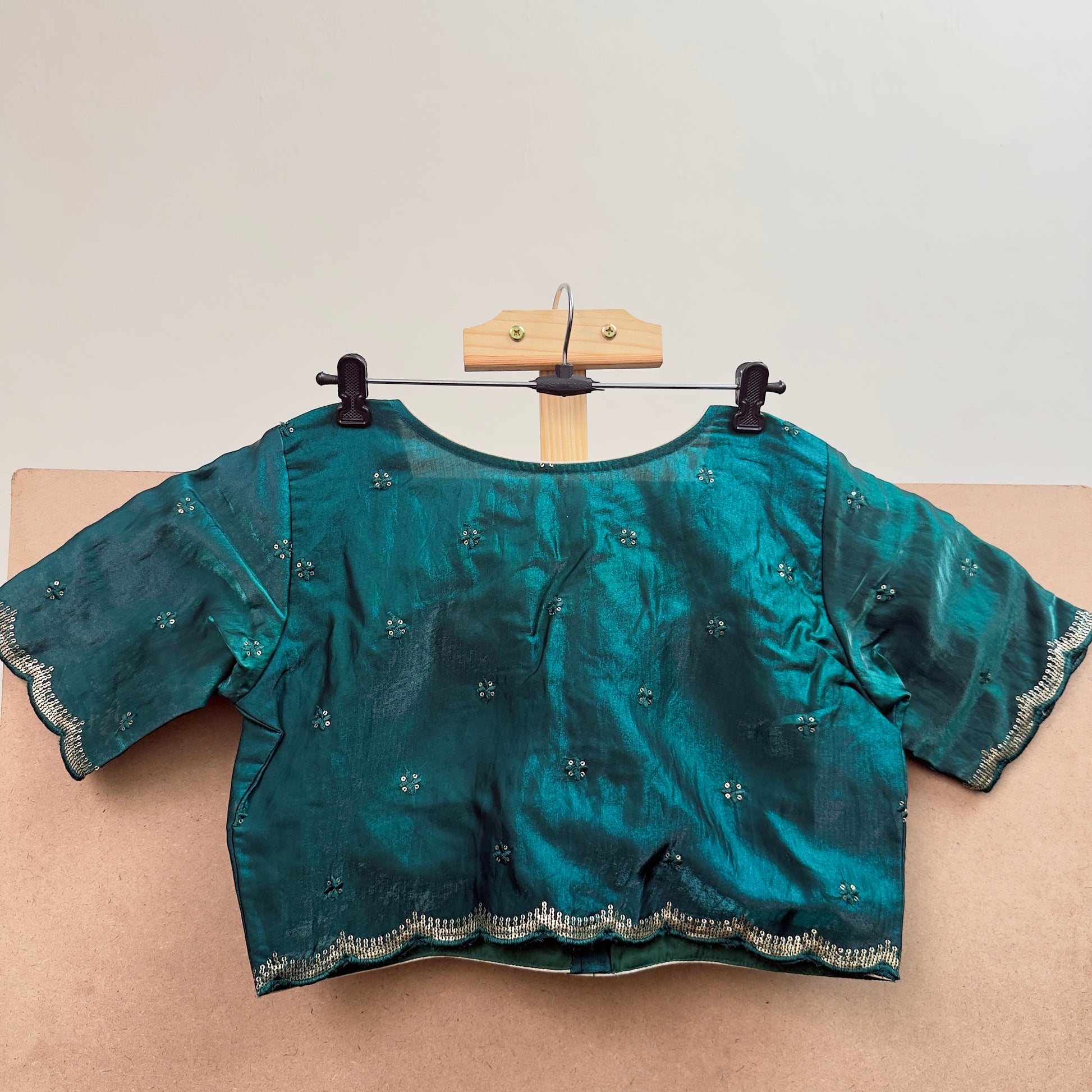 Bottle green tissue with sequins work blouse - JTG Fashions