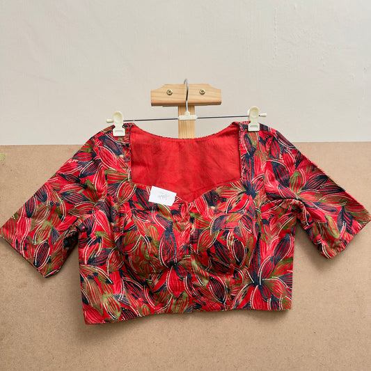 Asymmetrical Red patterned sweetheart neck cotton blouse - JTG Fashions