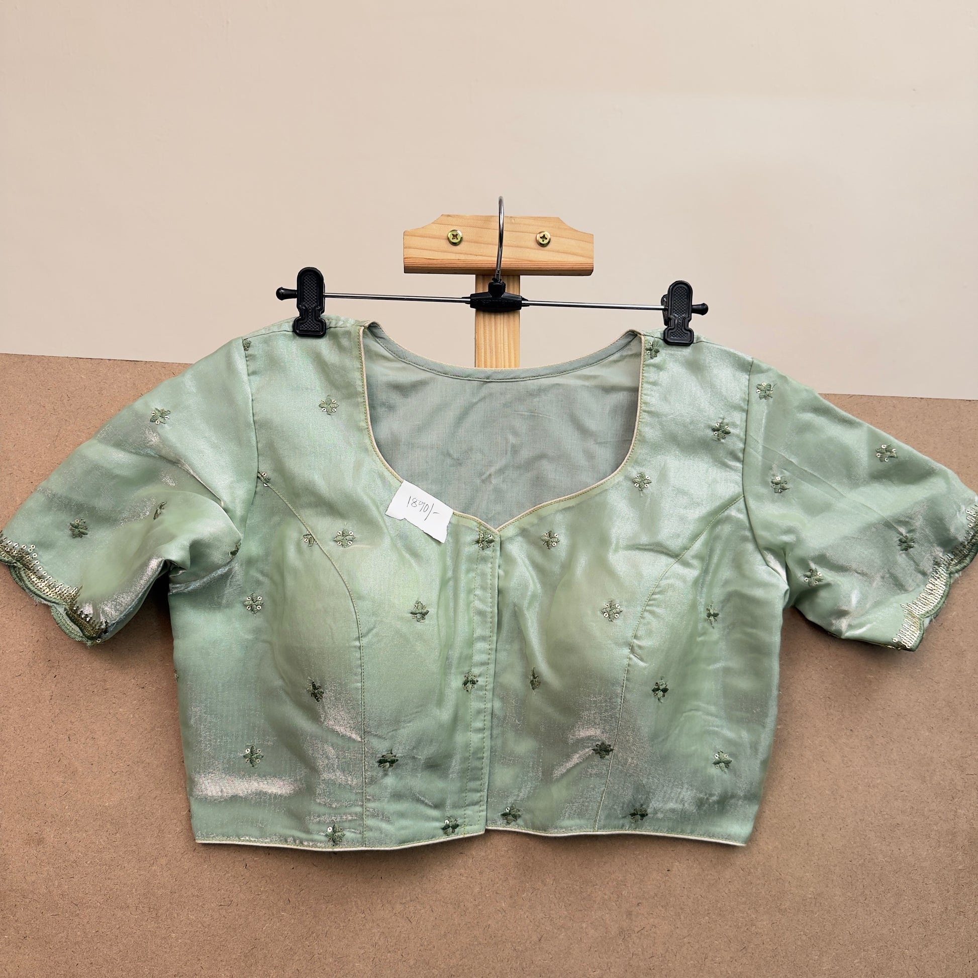 Sand green tissue with sequins work blouse - JTG Fashions