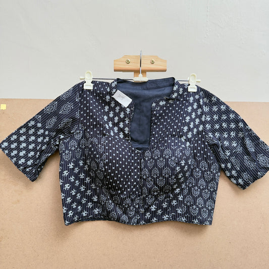 Blue charcoal - printed quilt with squares designed collar neck cotton blouse - JTG Fashions