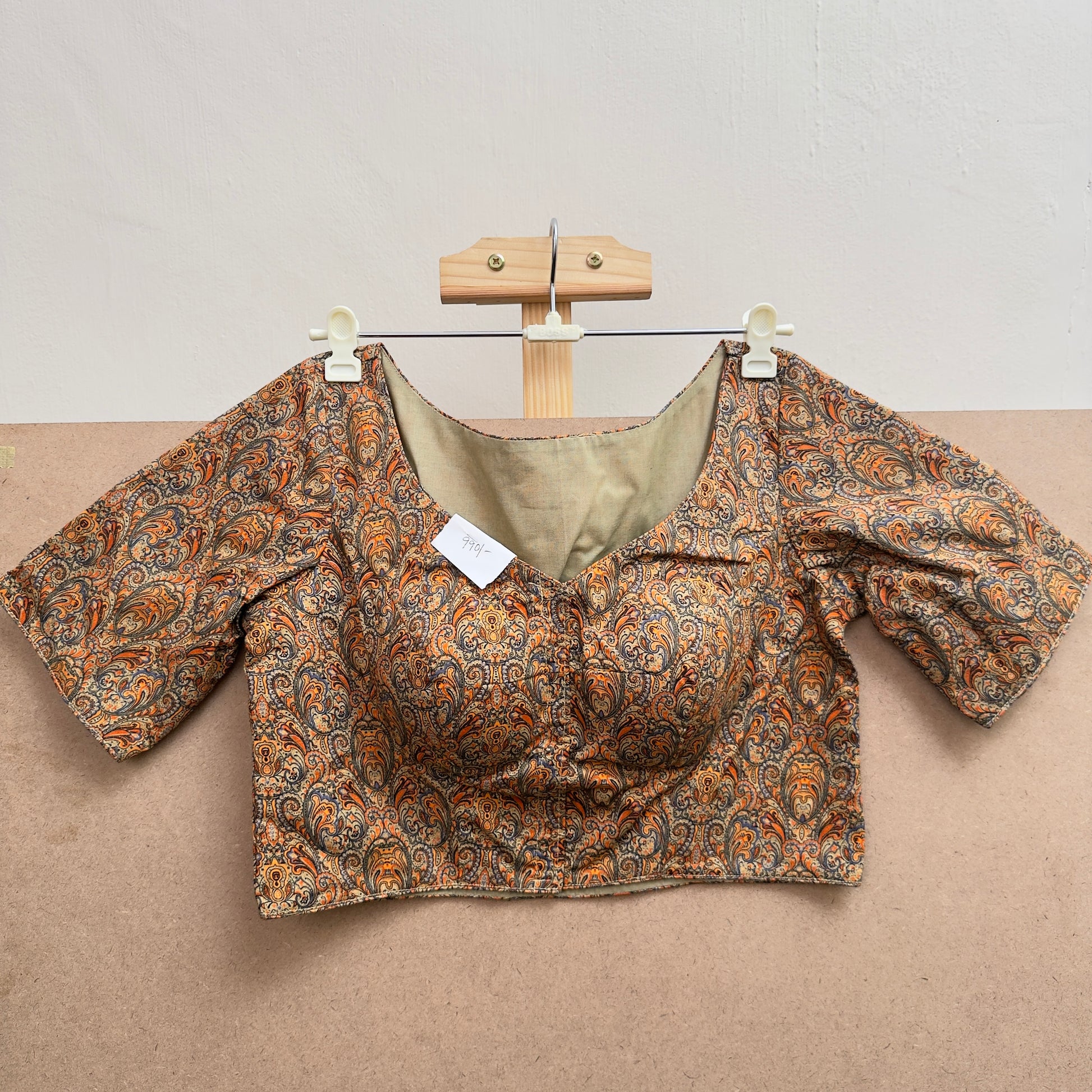 Brown Kalamkari printed round V neck cotton blouse JTG Fashions