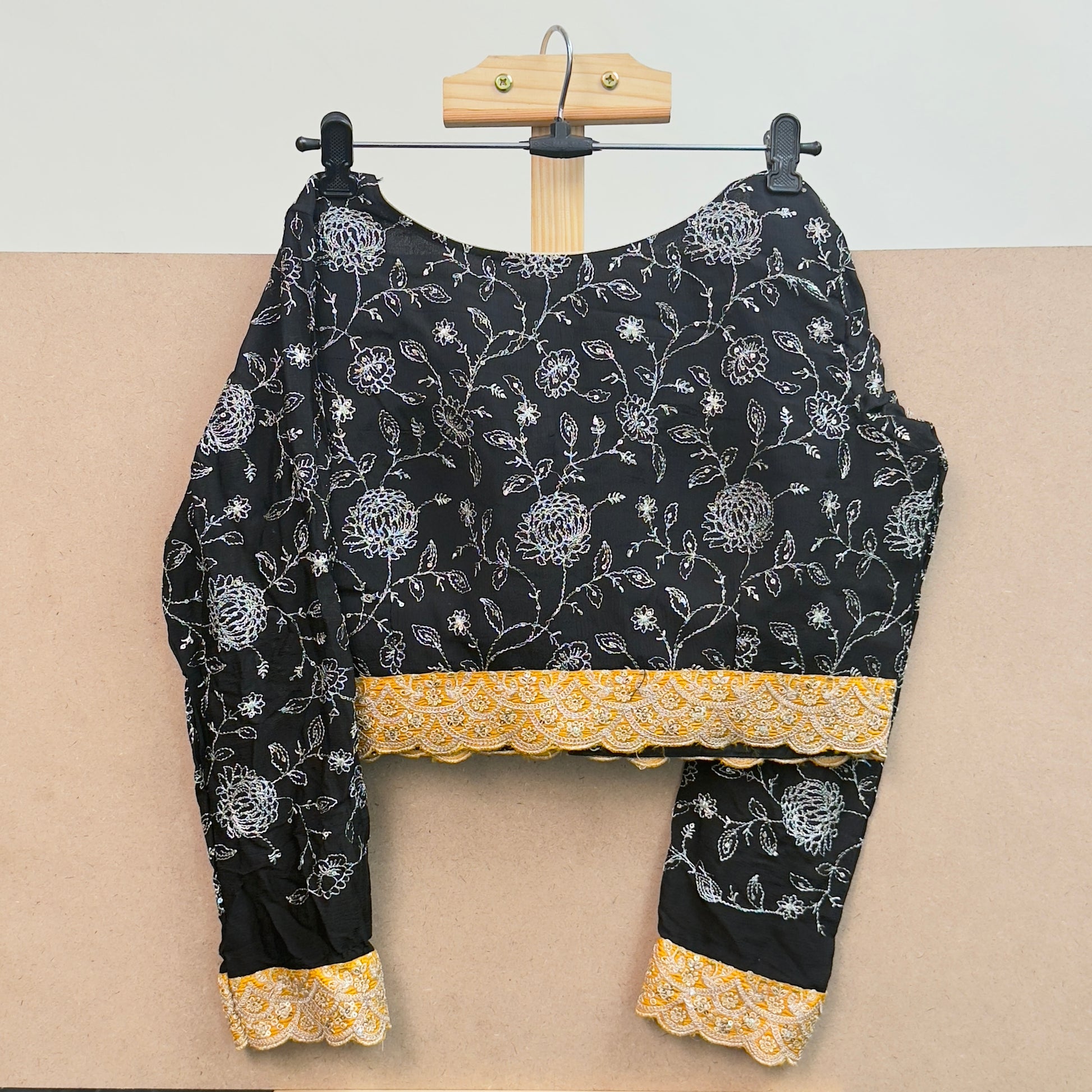 Black georgette chikankari with yellow border full hands blouse - JTG Fashions