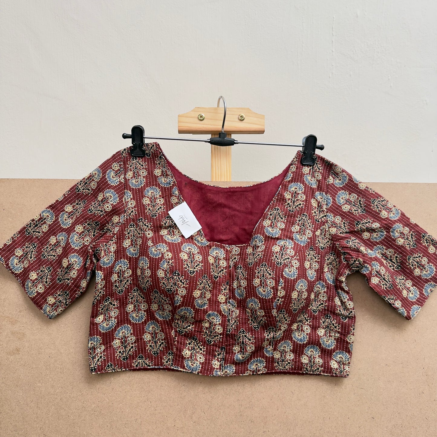 Red- motifs with kanta printed bucket neck cotton blouse JTG Fashions