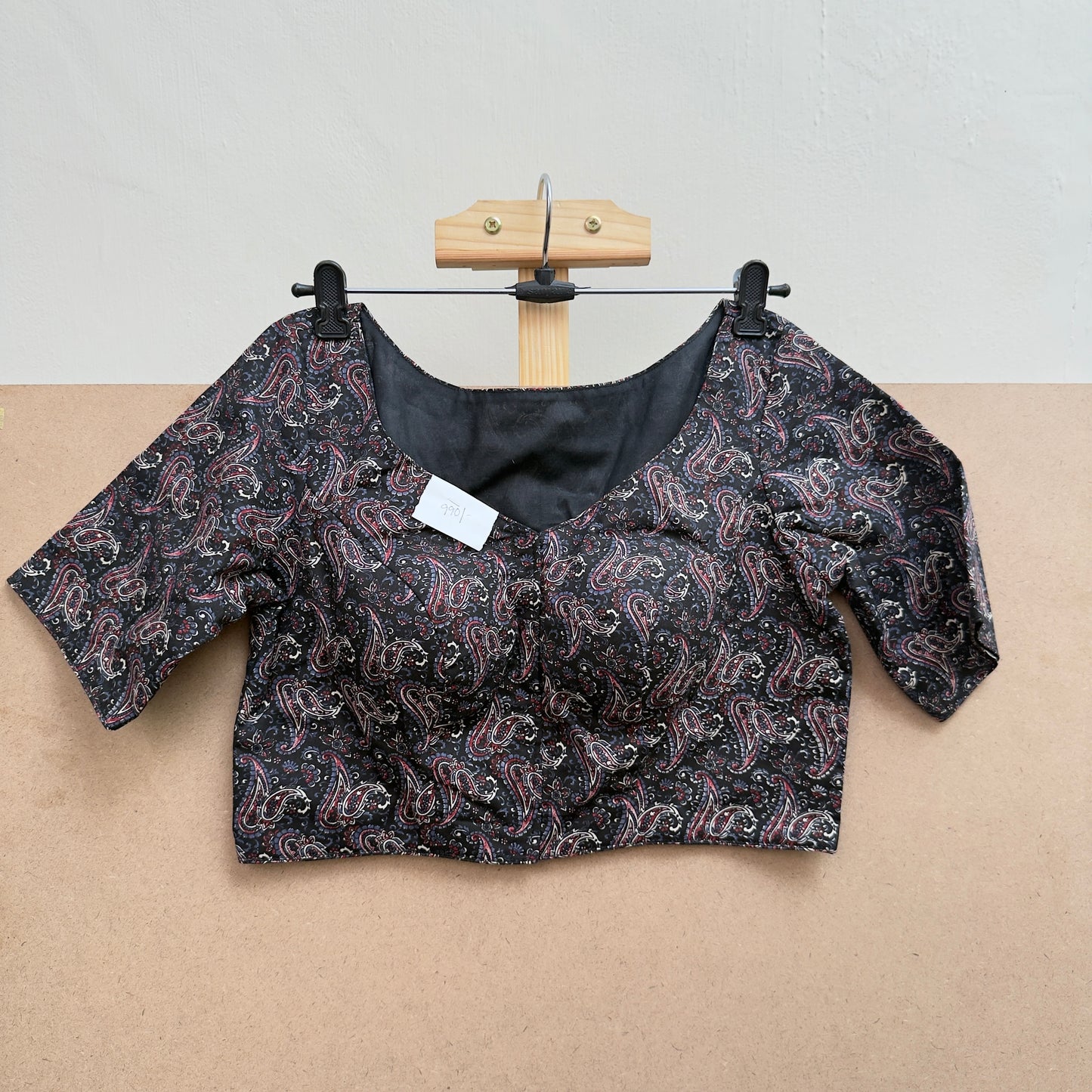 Charcoal black printed V neck cotton blouse JTG Fashions