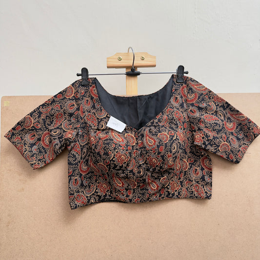 Black Kalamkari printed round V neck cotton blouse JTG Fashions